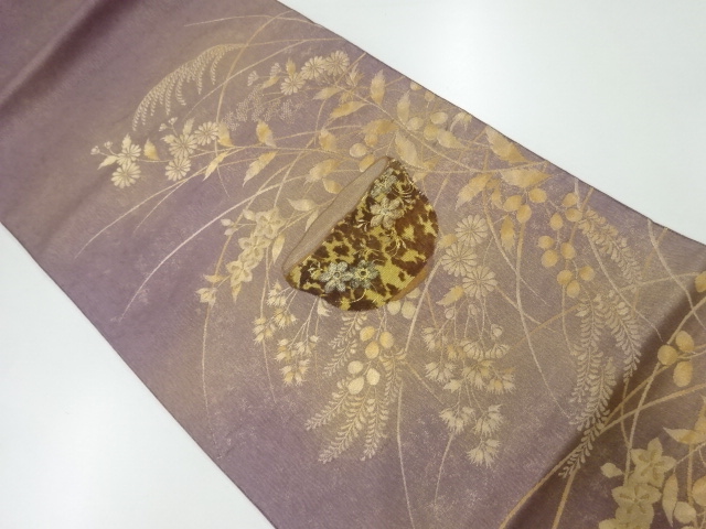 リサイクル　茶碗に秋草模様織出し袋帯